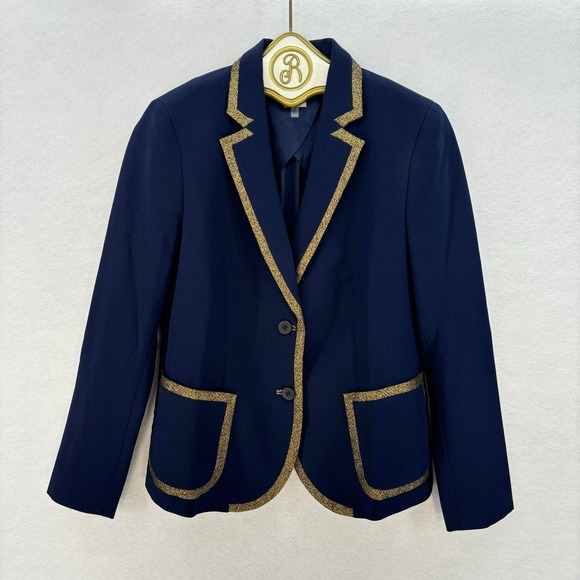 Anne Klein Women's Navy Blazer Size 6 Gold Trim Preppy Holiday Party Jacke - Picture 2 of 11